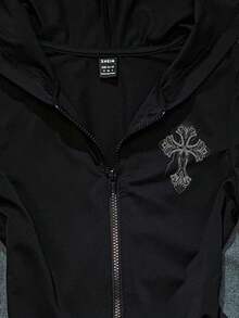 Glowzi 少女休闲前拉链修身卫衣T恤，适合秋冬季节，复古印花，十字印花，秋季款