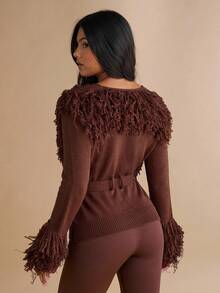 Silquee Damen Lässig einfarbige Langarm Bindegürtel Strickjacke Ausgehoberbekleidung, Büro Fransentops, Musik Festival Tops, Taille raffende Tops und Ausgehtops für Herbst/Winter - Braun - Übersicht 2