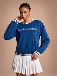 SHEIN Sports Women's Contrast Stripe Letter Embroidery Sweatshirt - Blue - View 3