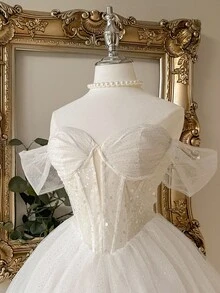 Lovelzi 华丽、优雅、高贵、端庄、青春、白色、亮片面料、网眼缝线、褶皱露肩连衣裙、罩杯款式、半透明、收腰 A 字裙、适合单身派对、婚礼宾客、毕业典礼、度假、舞会、新娘送礼会（搭配裙撑）、小白裙、新娘 - 白色 - 查看 5