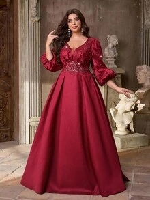 Aureia 加大码优雅浪漫深 V 领勃艮第长袖泡泡腰褶饰花卉珍珠和水钻装饰长款礼服 - 紅色 - 查看 3