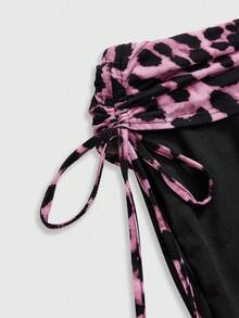 ROMWE Spring/Summer Valentine's Day 2pcs Women's Sexy Outfit - Rhinestone Letter & Leopard Print Strapless Crop Top And Drawstring Pants Set - Pink - View 3