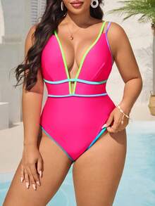 Swim Vcay Große Größen 1 Stück fuchsiafarbener passender mehrfarbiger gestreifter rückenfreier V-Ausschnitt Ausschnitt Design Badeanzug für Damen