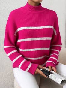 EURMUSE Striped Pattern High Neck Drop Shoulder Sweater - Red - View 4