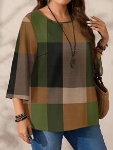 EMERY ROSE Plus Size Women Casual Allover Print Loose Fit Round Neck 3/4 Sleeve Blouse, Suitable For Spring And Autumn Chic Blouses For Women - Multicolor - View 6