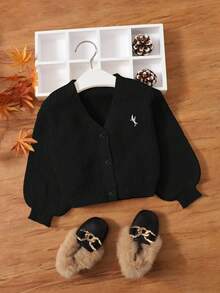 SHEIN Cute Baby Girl Casual Simple Basic Style Grab Material Black V-Neck Cardigan Sweater Suitable For Family Matching Outfits, Mommy&Me, Birthday Parties, Evening Parties, Performances, Weddings, Baptisms, Opening Ceremonies Suitable For Daily Use Suitable For School Suitable For Travel Suitable For Autumn And Winter Seasons New Born Baby Girl Baby Boy Fall