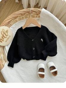 SHEIN Cute Baby Girl Casual Simple Basic Style Grab Material Black V-Neck Cardigan Sweater Suitable For Family Matching Outfits, Mommy&Me, Birthday Parties, Evening Parties, Performances, Weddings, Baptisms, Opening Ceremonies Suitable For Daily Use Suitable For School Suitable For Travel Suitable For Autumn And Winter Seasons New Born Baby Girl Baby Boy Fall