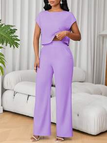 SHEIN Lunessa Bộ 2 món đồ thời trang nữ cổ tròn tay ngắn kiểu Pháp thường ngày và quần ống rộng cạp cao - Màu tím - Xem 4