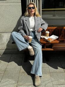 Auralis 大码女装秋冬时尚休闲宽松舒适日常基本款灰色百搭粗花呢西装外套、秋装、冬装、外出装、女式西装外套 - 灰色 - 查看 7