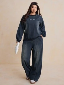 Dazy Plus 2pcs Plus Size Women Embroidered Letter Washed Dark Blue Denim Loose Long Sleeve Top And Pants Set, Spring/Autumn - Dark Wash - View 3