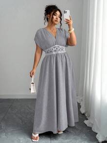 Elenzga Vestido maxi casual de talla grande para mujer con bordado en la cintura, vestido elegante y estilizador de estilo bohemio con estampado de paisley, cuello en V profundo, hombros fruncidos y cintura ceñida, para salidas, té de la tarde, fiestas, uso diario y vacaciones