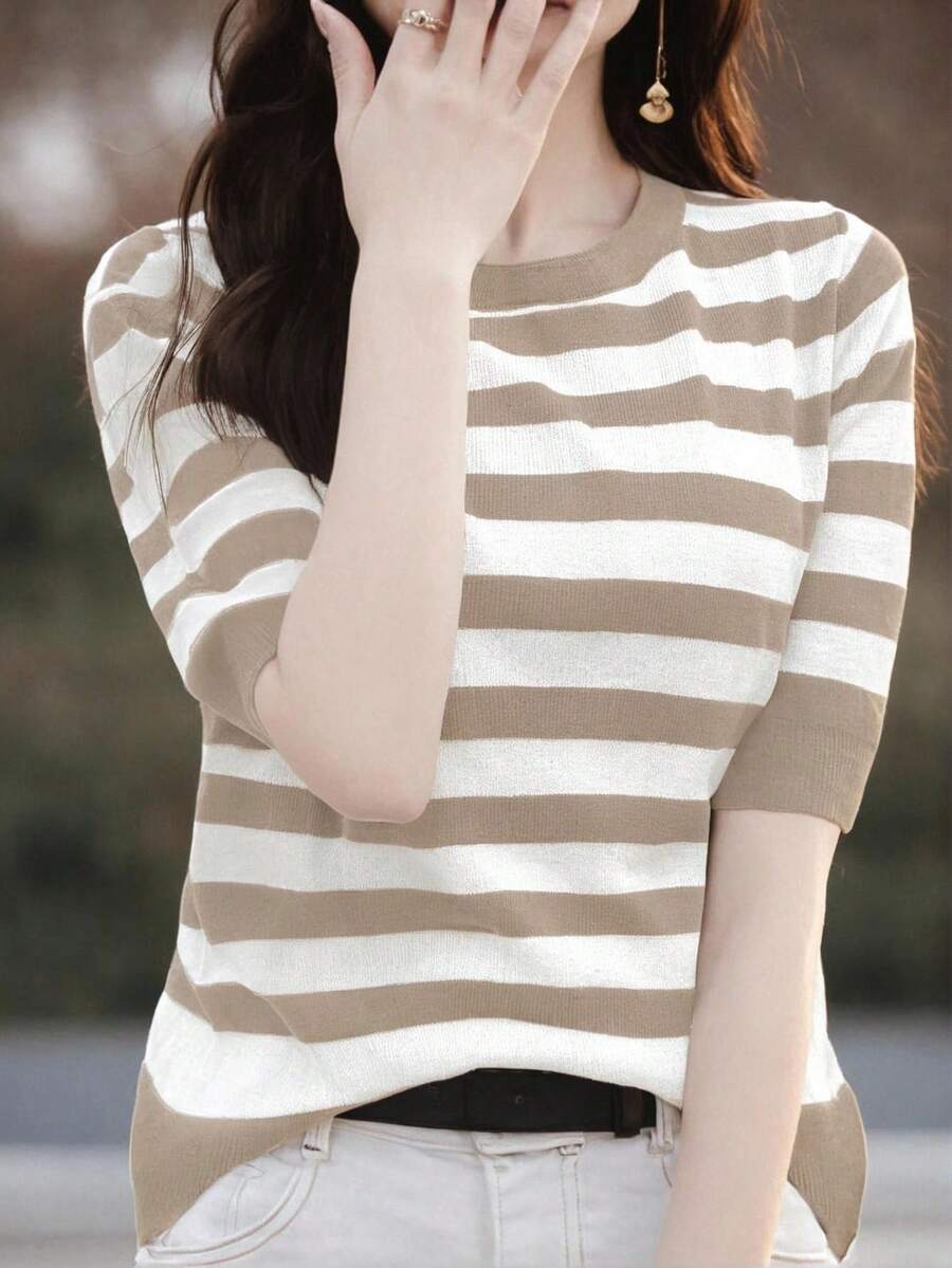 EMERY ROSE Women's Casual Striped Round Neck Short Sleeve Knit Top, Autumn - Khaki - View 1