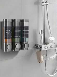 SHEIN 香皂浴室淋浴，室内液体皂、乳液和凝胶分配器，壁挂式无孔，透明棕色带标签锁，适用于浴室、淋浴、厨房，黑色、深灰色，两瓶装、三瓶装，300毫升/瓶，洗发水和沐浴露盒，壁挂式无孔皂液器，酒店洗手液按压瓶返校