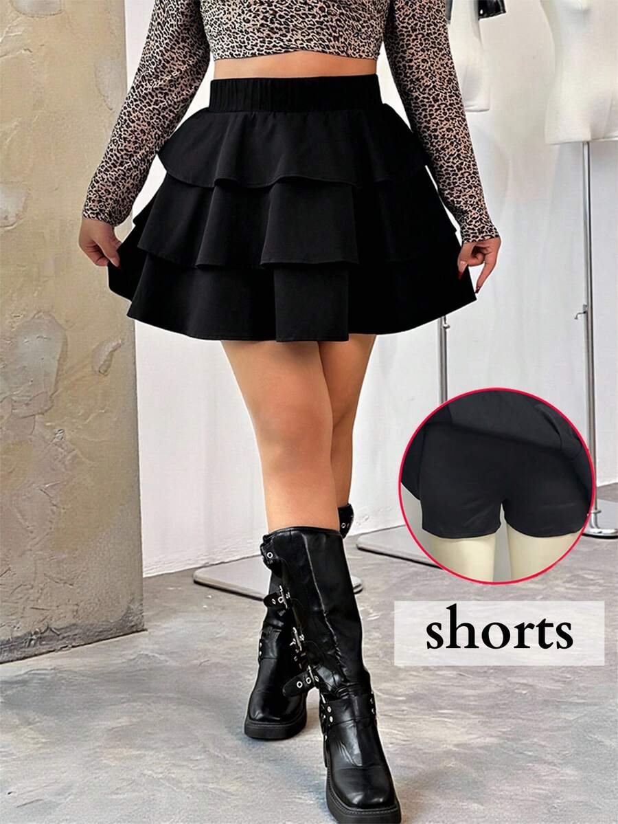 SHEIN EZwear 大码女式纯色百褶裙，休闲日常穿着 - 黑色 - 查看 1