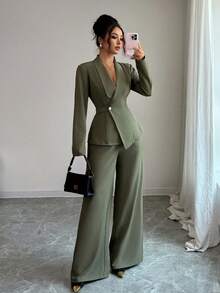 Elenzga petite 女士橄榄绿色厚面料 V 领翻领腰部纽扣设计西装外套和阔腿裤套装，宽松版型，职业装，优雅适合感恩节、万圣节、秋季新品，百搭两件套西装 - 橄欖綠 - 查看 3