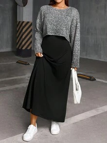 SHEIN Essnce 大码女装春秋季时尚休闲宽松舒适基础款日常灰色长袖露脐上衣和黑色马甲长裙两件套，春季服装，连衣裙套装，曲线套装 - 黑色 - 查看 5