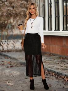 EMERY ROSE Chân váy ren xẻ tà màu trơn thanh lịch dành cho nữ khi đi làm - màu đen - Xem 6