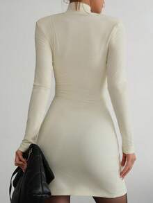 Aidyla 秋冬季修身高领不对称拉链针织中长连衣裙，修身拉链连衣裙 - 白色 - 查看 3
