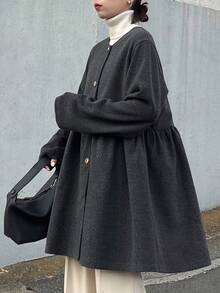 FRIFUL Áo khoác nữ cổ tròn, vạt rộng, xếp ly, phối nhiều lớp, trang trí cúc kim loại, kiểu dáng thường ngày, áo khoác mùa đông nữ. - Xám - Xem 1