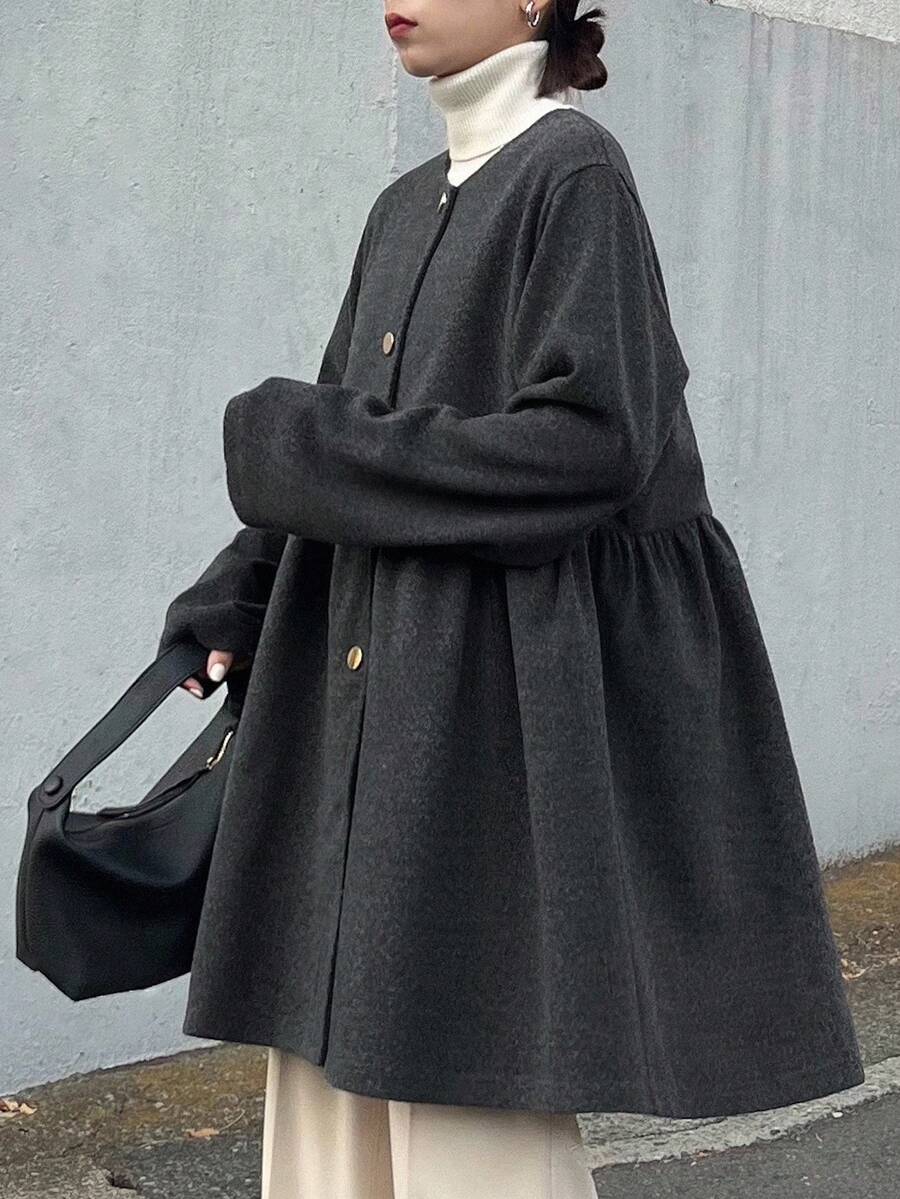 FRIFUL Áo khoác nữ cổ tròn, vạt rộng, xếp ly, phối nhiều lớp, trang trí cúc kim loại, kiểu dáng thường ngày, áo khoác mùa đông nữ. - Xám - Xem 1