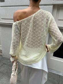 Chiquease Women's Pale Yellow Elegant Long-Sleeved T-Shirt,Autumn Holiday Tea Party,Hollow Lace Fabric,Off-Shoulder Solid Color Textured Fabric Versatile Top - Yellow - View 2