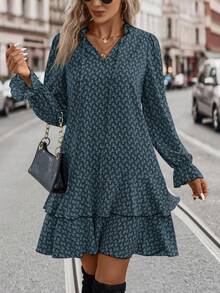 EMERY ROSE Women's Casual All-Over Print V-Neck Long Sleeve Dress - Blue - View 4