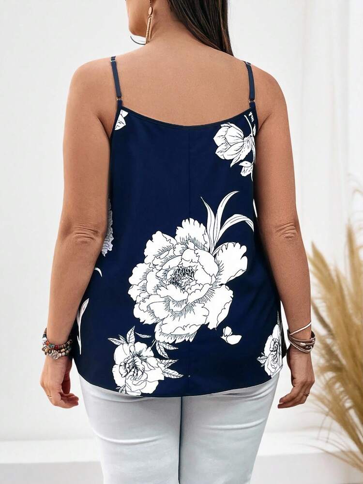 Plus Size Women's Floral Print V-Neck Blue White Camisole Top For Spring,Flower/Summer/Vacation