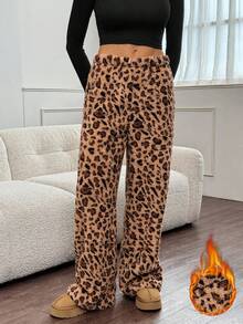 SHEIN Tall Quần nỉ họa tiết da báo mới dành cho nữ, phù hợp cho mùa thu/đông, quần họa tiết da báo, quần họa tiết da báo, quần dài mặc nhà, quần họa tiết động vật, quần vải lông, quần họa tiết da báo cho nữ, quần lông - Màu Khaki - Xem 5