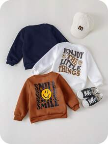 SHEIN 3 件套婴儿男女款休闲可爱运动街头服饰基本款简约脸部卡通图案舒适时尚圆领运动衫，黑色、白色、卡其色，适合春季、秋季、冬季 - 棕色 - 查看 3