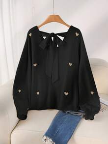 CosyJoli Suéter holgado con escote en V y espalda descubierta con estampado de corazones en beige para tallas grandes