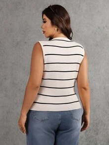 Elaquor Plus Size Women Metal Sun Decor Round Neck Striped Casual Knit Vest Plus Size Sleeveless Tops Plus Size Tank Tops, Casual Outfit For Women, White Tops, Winter Tops For Women