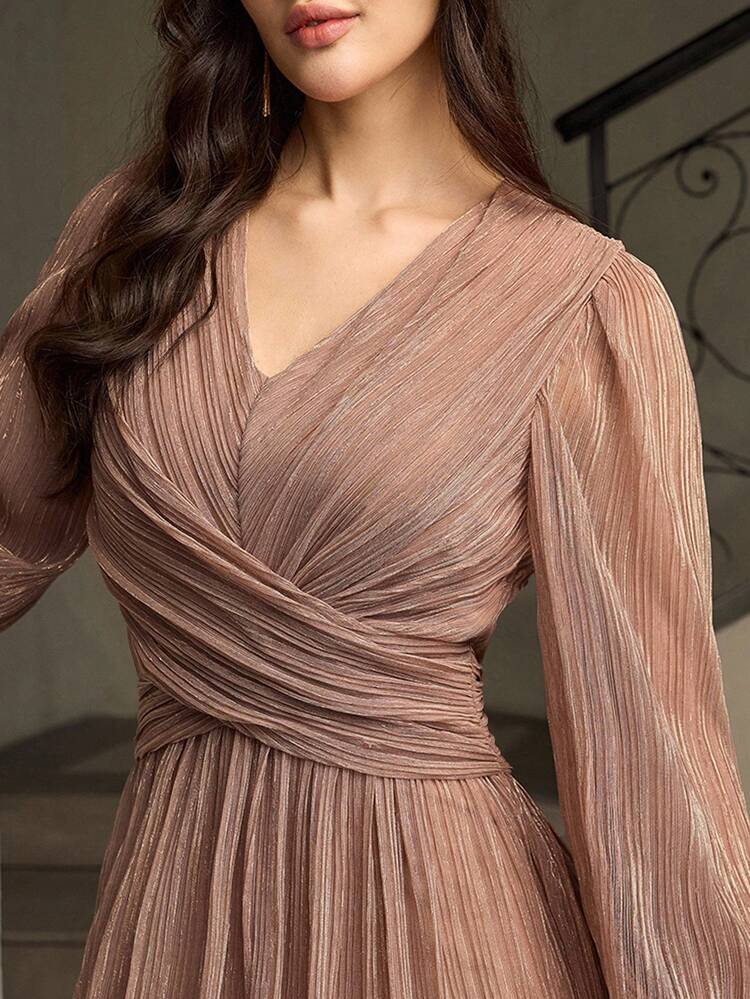 ZEYLAH Vestido Elegante de Festa com Decote em V, Cintura Franzida e Glitter - Rosa empoeirado - Visão 2