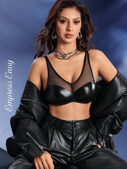 Empress Envy 1pc Black PU Sheer Patchwork Wireless Bralette, Women's Lingerie Bra For Office, Daily Wear, Home, Music Festival, Party, Club Outfit, Lady Boss, Office Lady, Sexy, Powerful