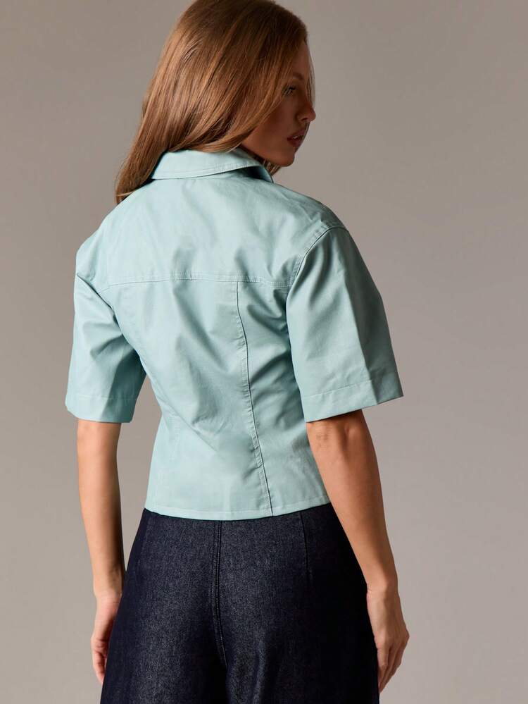 Mint Green Structured Short Sleeve Collared Jacket