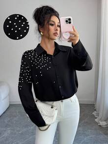 SHEIN Clasi Spring/Summer New Stylish Beaded Loose Long Sleeve Blouse, Black - Black - View 1