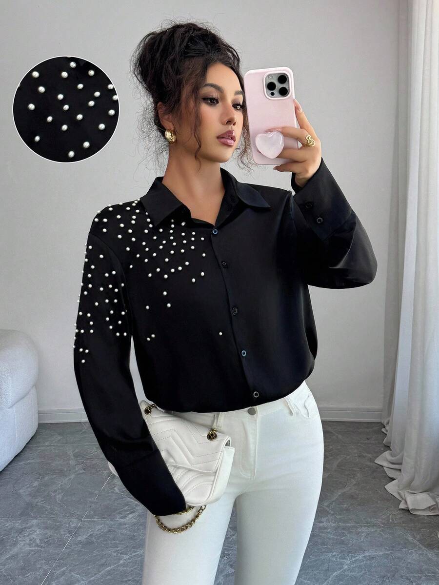 SHEIN Clasi Spring/Summer New Stylish Beaded Loose Long Sleeve Blouse, Black - Black - View 1