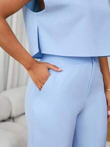 Lunelith SHEIN Lunessa 2 件女式套装：法式圆领短袖休闲上衣和高腰阔腿裤 - 藍色 - 查看 7