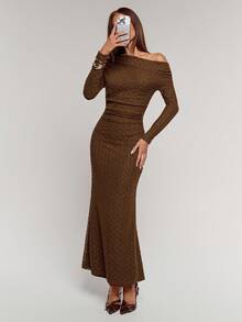 SHEIN BAE Vestido feminino elegante, cor sólida, ombro assimétrico, manga comprida, franzido, bainha rabo de peixe - Castanho - Ver 6