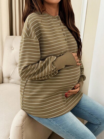 SHEIN Comfortable Coffee Brown Striped Maternity Top Long Sleeve Round Neck Knitted T-Shirt For Casual Wear Pregnant Clothes Pregnant Outfits Nursing Top Maternity Tops Pregnancy Shirts