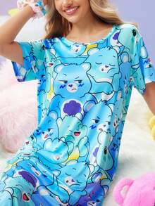 女士可爱卡通 SweetSlumber X Carebears 图案圆领短袖睡衣连衣裙，卡通睡衣，哞哞睡裙 - 彩色 - 查看 3
