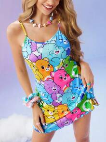 SweetSlumber X Carebears 女式可爱卡通熊全身印花生菜边修身吊带睡裙，夏季 - 彩色 - 查看 4