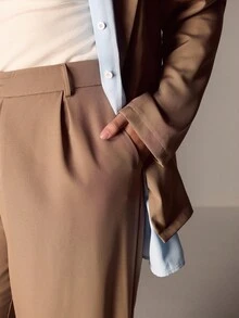 Juhart 大码女式休闲拼色长袖西装外套两件套 - 棕色 - 查看 6