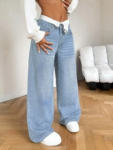 SHEIN PETITE 女款寬鬆寬腿牛仔褲，低腰藍色丹寧質感，女款媽媽牛仔褲、牛仔女郎寬鬆復古冬季長褲，適合嬌小女性 - 淺色水洗藍 - 查看 6