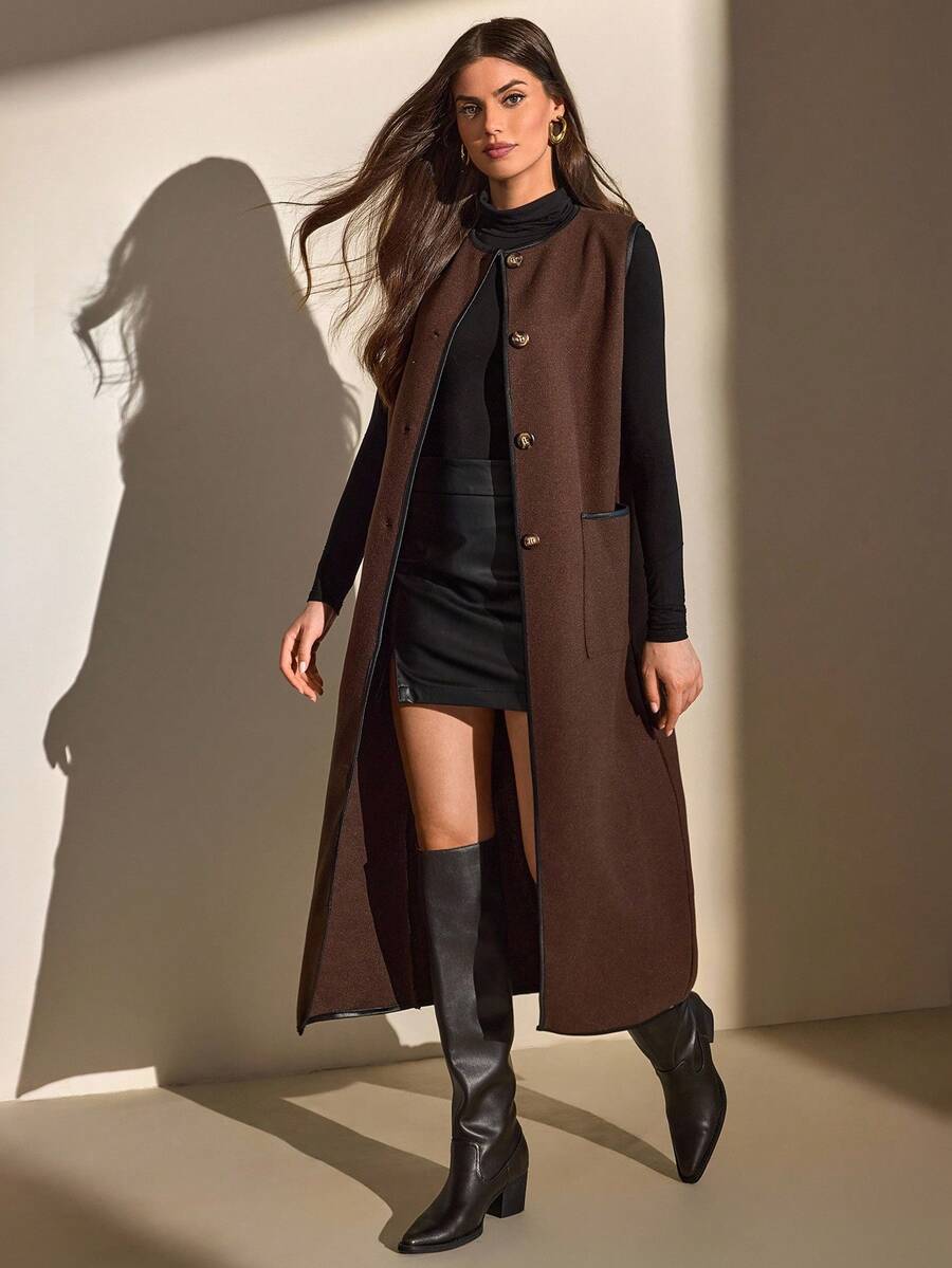 CLARA VERO Women Solid Color Button And Pocket Detailed Long Dresses - Chocolate Brown - View 1