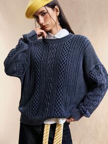 Easelle 纯色休闲百搭圆领长袖女式毛衣 - 霧霾藍 - 查看 7