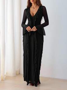 SHEIN Tall 女士时尚优雅阿拉伯风格长袖连衣裙黑色针织礼服约会派对商务通勤休闲简约纯色连衣裙网眼深 V 领性感荷叶边下摆浪漫连衣裙长裙紧身连衣裙，适合春夏季、毕业典礼、女士教师服装、教师连衣裙 - 黑色 - 查看 7