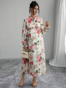 Momance Maternity Floral Print Long Sleeve Ruffle Collar Dress - Multicolor - View 4