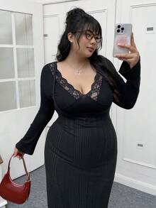 SHEIN EZwear 加大码纯色拉绒罗纹纽扣细节休闲吊带连衣裙，百搭秋冬装 - 黑色 - 查看 7