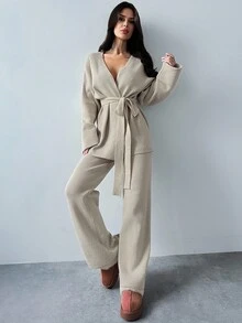 Firerie 女士优雅休闲度假通勤V领宽松腰部毛衣上衣和高腰阔腿裤毛衣套装，适合春秋冬季，休闲毛衣裤套装 - 杏色 - 查看 7