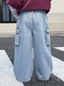 SHEIN 小男孩休闲蓝色牛仔宽松工装裤 - 中等水洗藍 - 查看 2